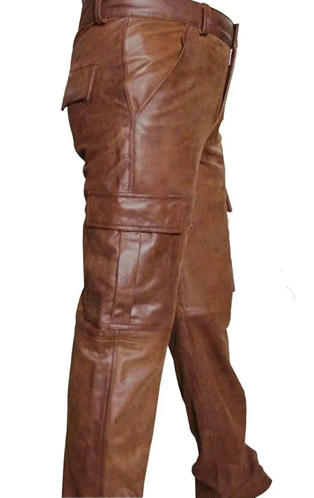 genuine leather pants mens vintage distressed cargo fit brown