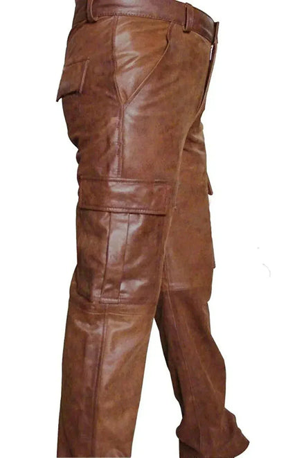 genuine leather pants mens vintage distressed cargo fit brown