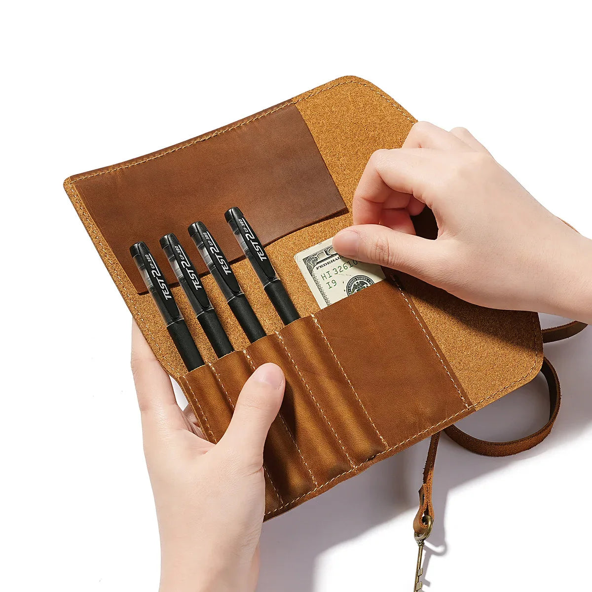 Leather fountain pen and pencil roll case