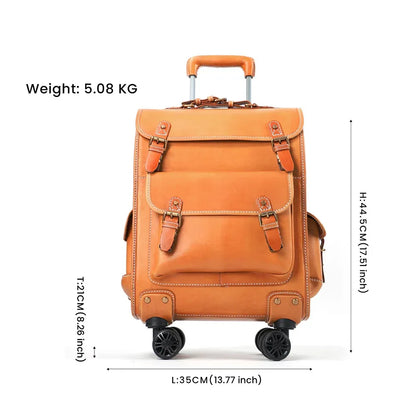 Vintage Leather Trolley Suitcase with Spinner Wheels