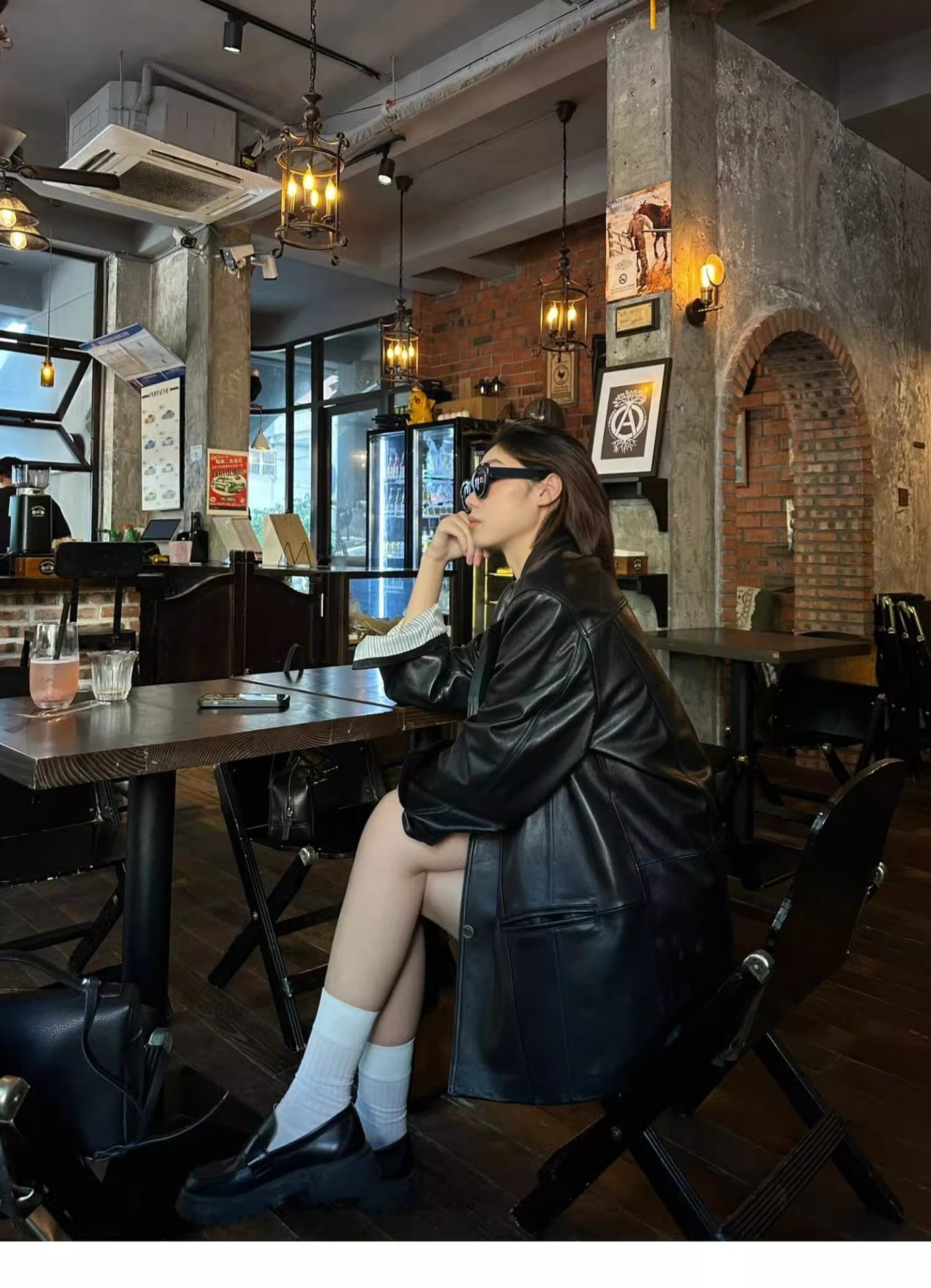 Black Leather Blazer Women Lapel Collar Single Button Shirt Jacket