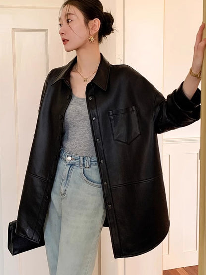 Genuine Leather Shirt Women Black Straight Fit Button Up Jacket