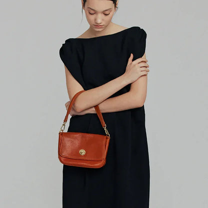 Small Genuine Leather Shoulder Bag with Flap Closure