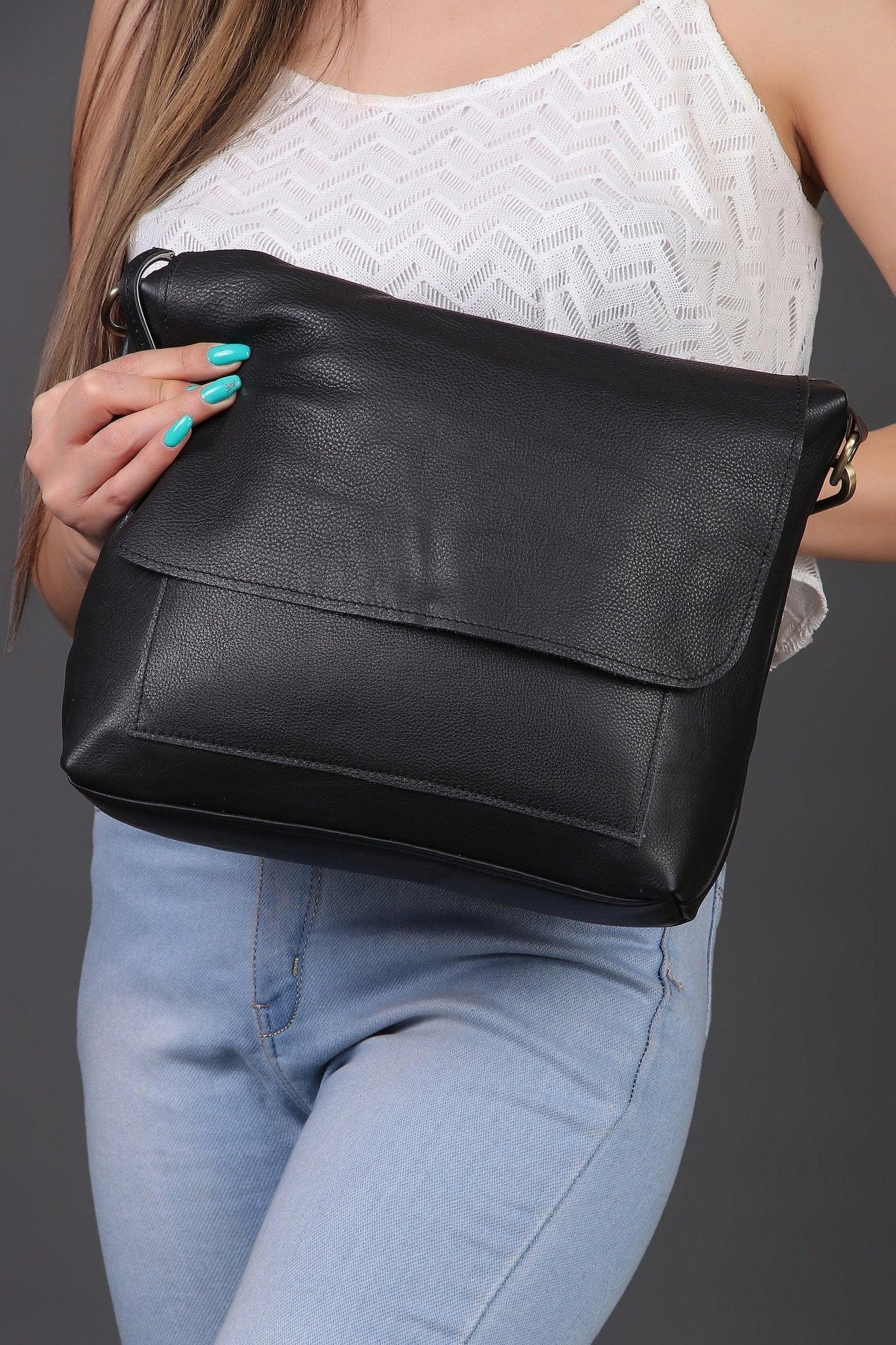 Black leather messenger bag for women | crossbody work bag