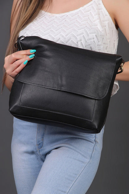 Black leather messenger bag for women | crossbody work bag