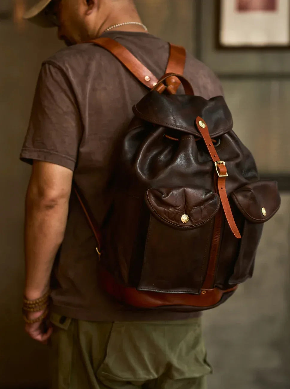 Men’s Vintage Brown Leather Backpack with Front Pockets