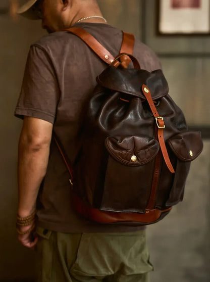 Men’s Vintage Brown Leather Backpack with Front Pockets