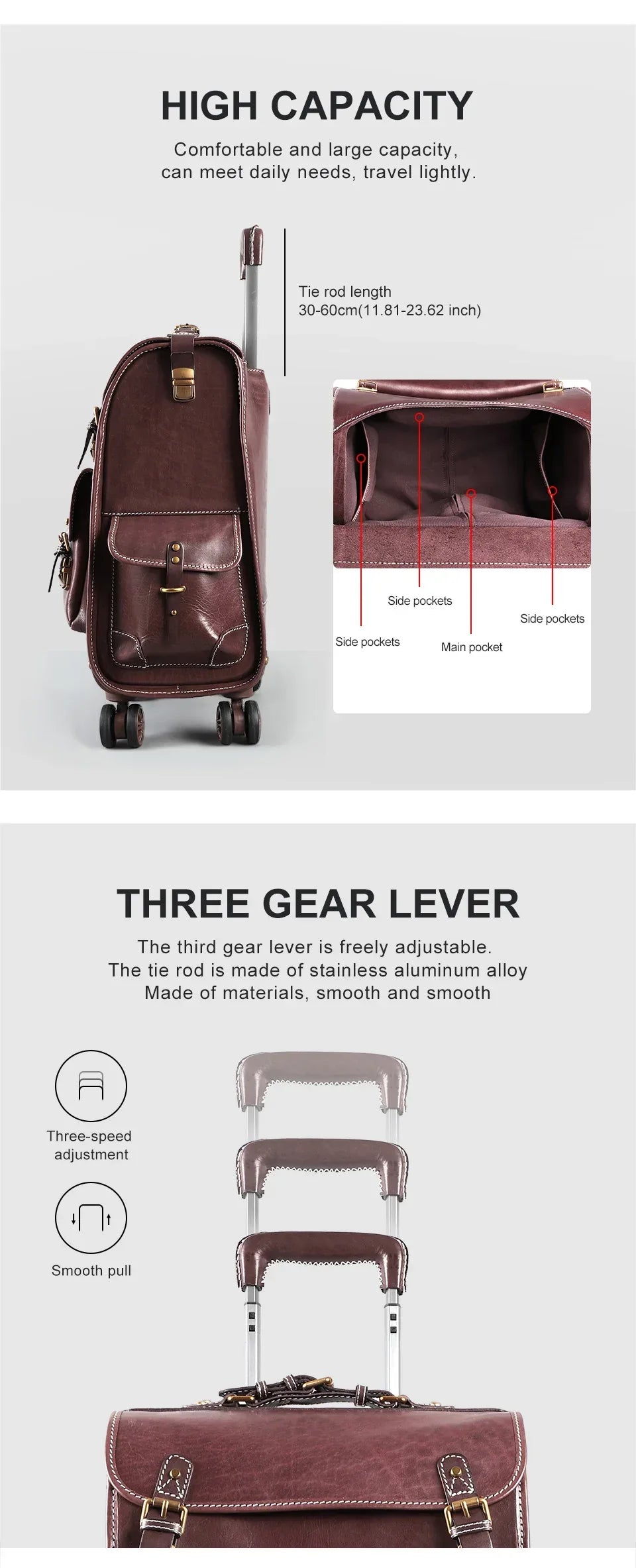 Vintage Leather Trolley Suitcase with Spinner Wheels