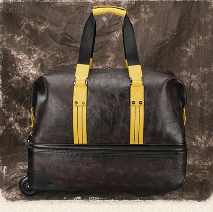 Retro Leather Wheeled Trolley Travel Bag Large Capacity