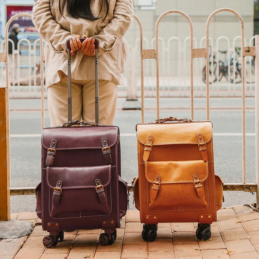 Vintage Leather Trolley Suitcase with Spinner Wheels