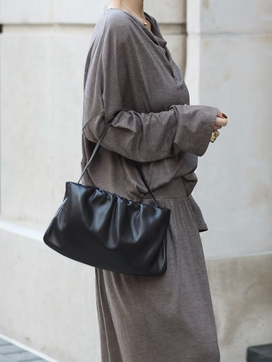 Sheepskin leather cloud shoulder bag for women Black