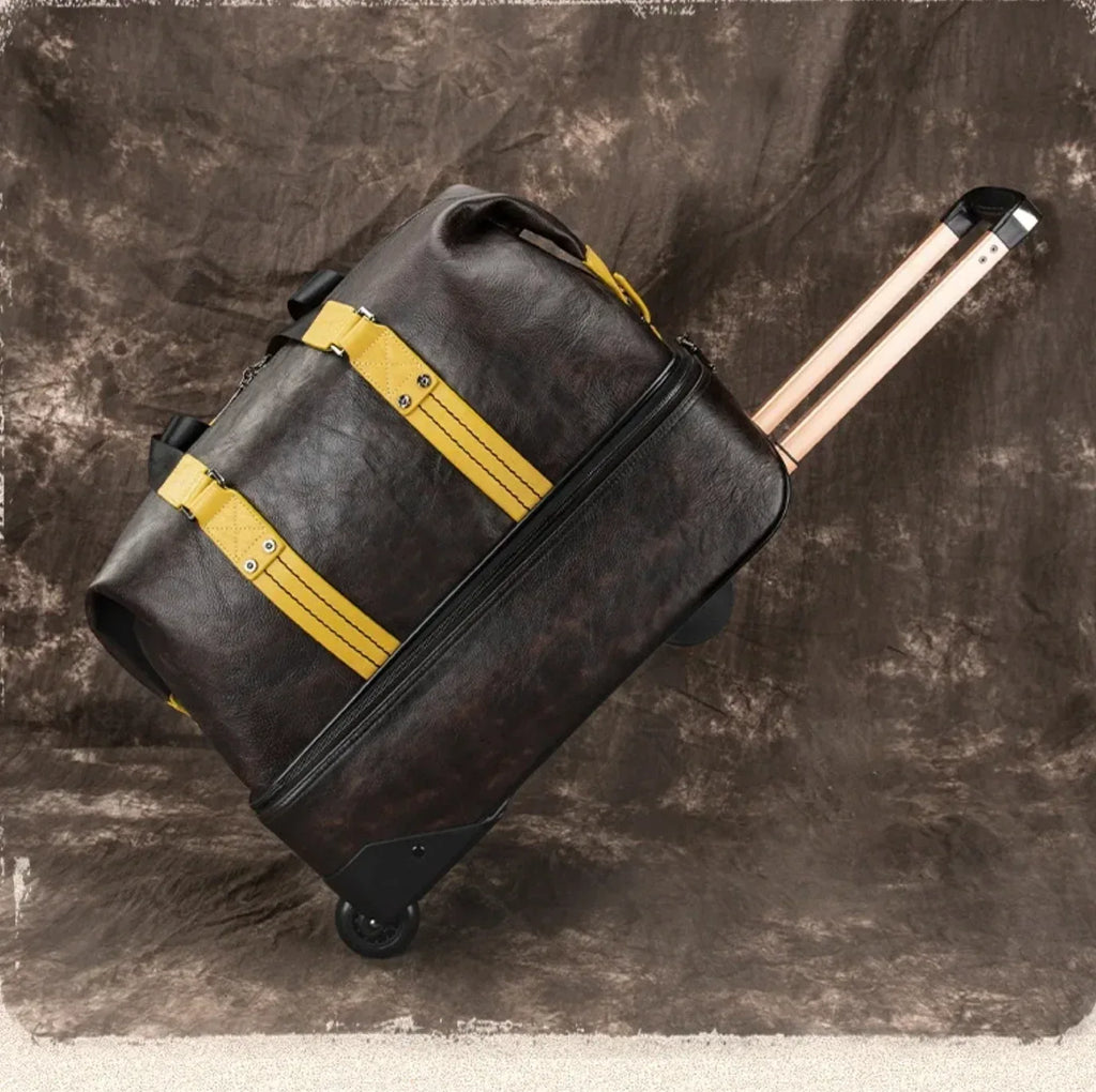 Retro Leather Wheeled Trolley Travel Bag Large Capacity 1