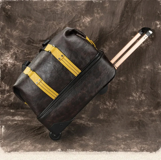 Retro Leather Wheeled Trolley Travel Bag Large Capacity 1