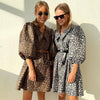 Leopard print puff sleeve a line dress
