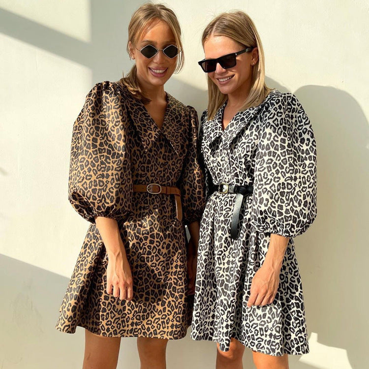 Leopard print puff sleeve a line dress