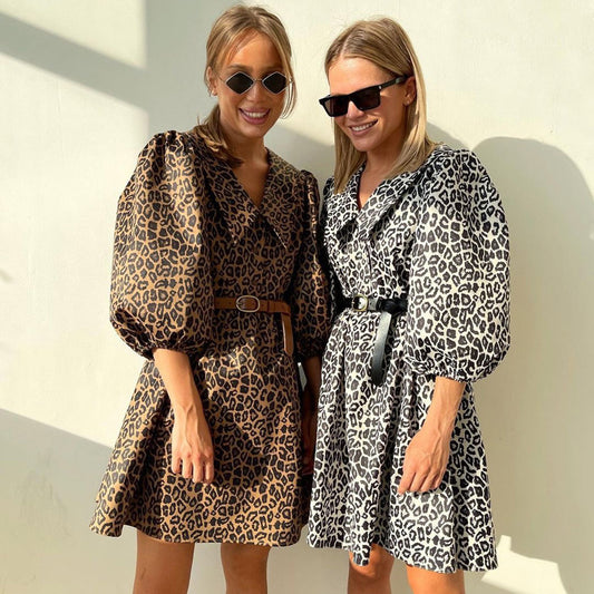 Leopard print puff sleeve a line dress