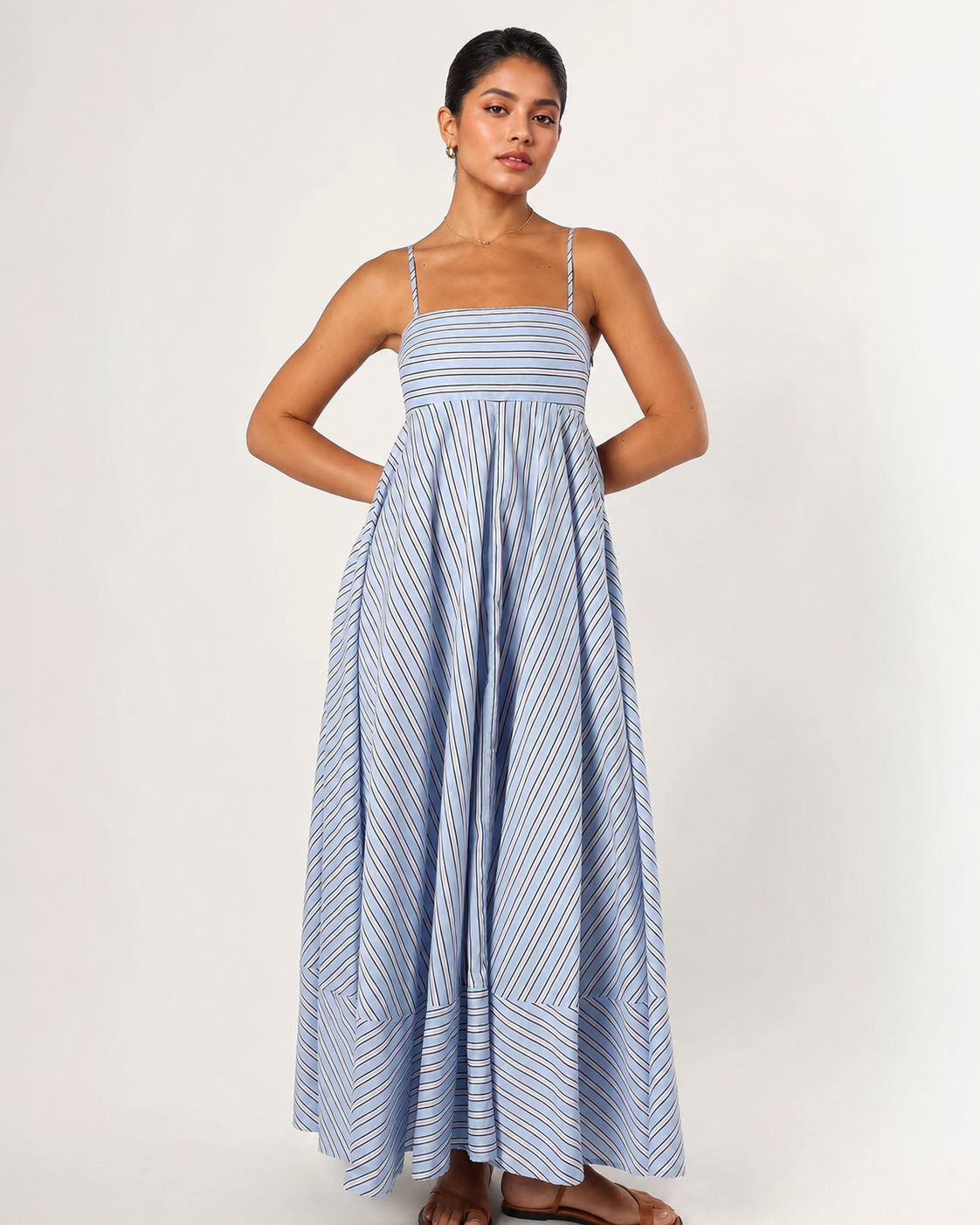 Light Blue Striped Smocked Back Maxi Dress