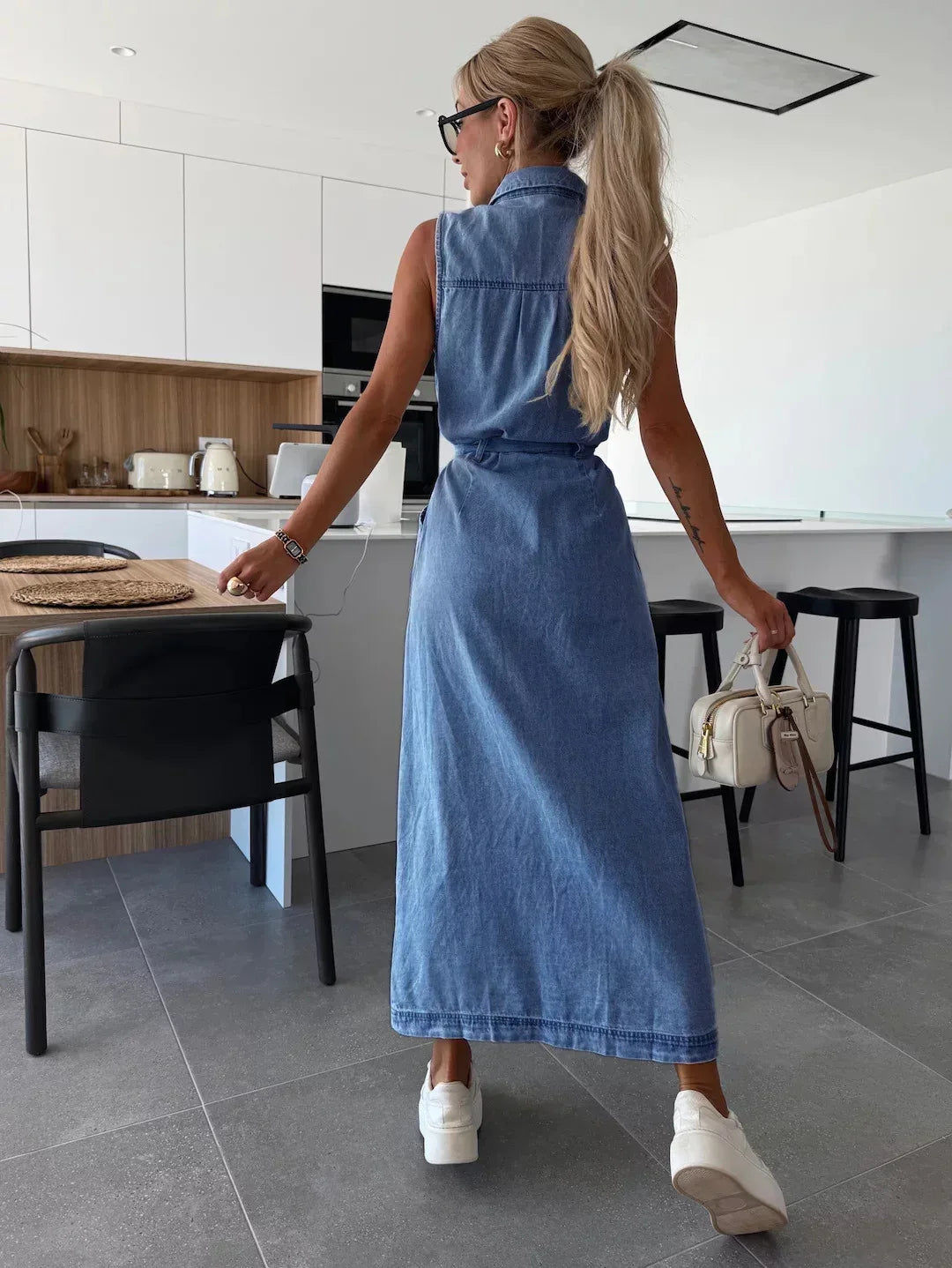Light Blue Denim Maxi Dress with Tie Waist