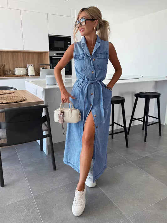 Light Blue Denim Maxi Dress with Tie Waist