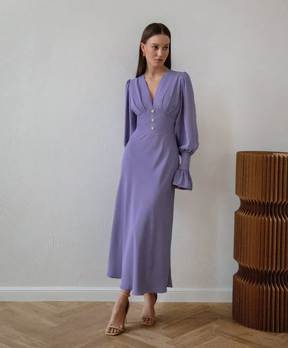 Baby Blue V Neck Long Sleeve Midi Dress 3 S