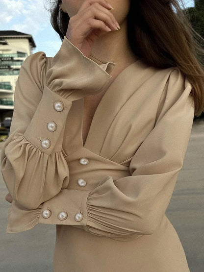 Baby Blue V Neck Long Sleeve Midi Dress