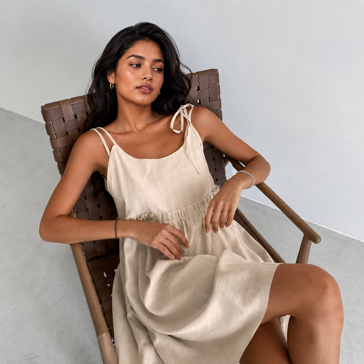 Linen Mini Dress with Tie Shoulders and Pockets