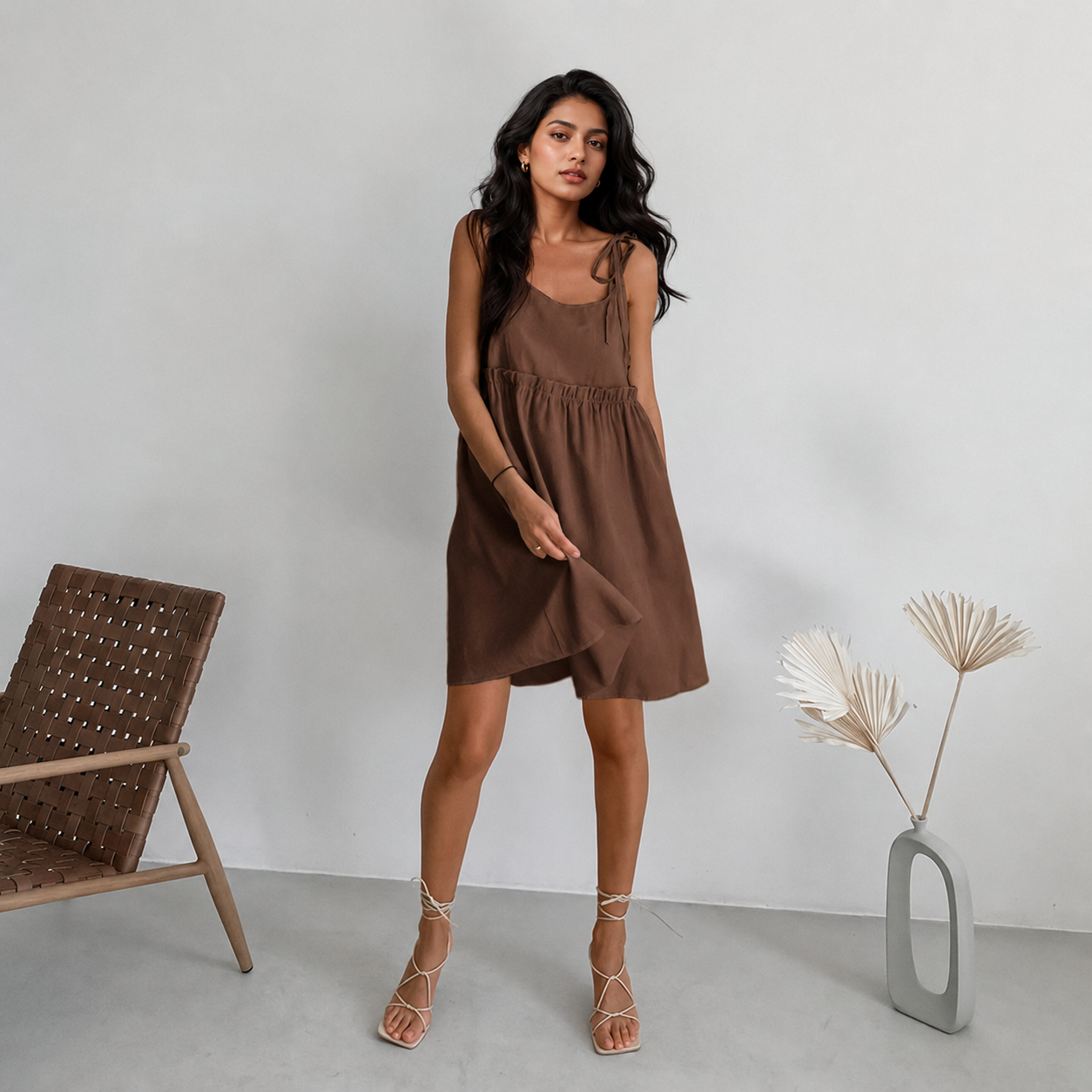 Linen Mini Dress with Tie Shoulders and Pockets