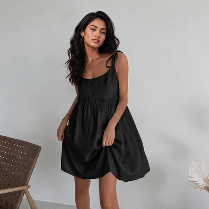Linen Mini Dress with Tie Shoulders and Pockets