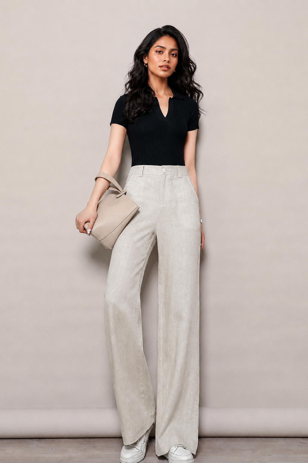 Linen straight pants with wide hem and natural woven texture