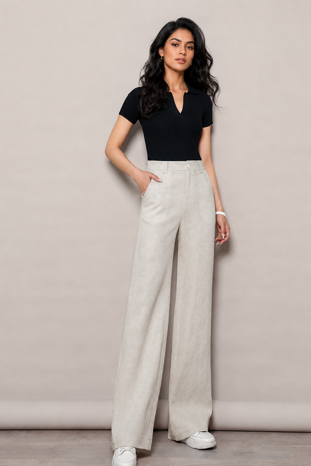Linen wide leg pants with high waist, side pockets, and long straight fall