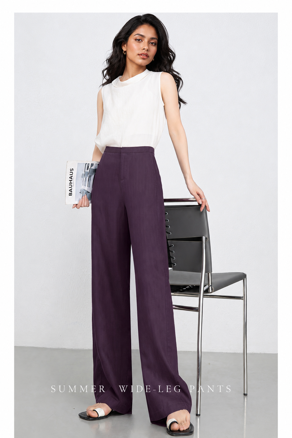 High waist wide leg linen pants women