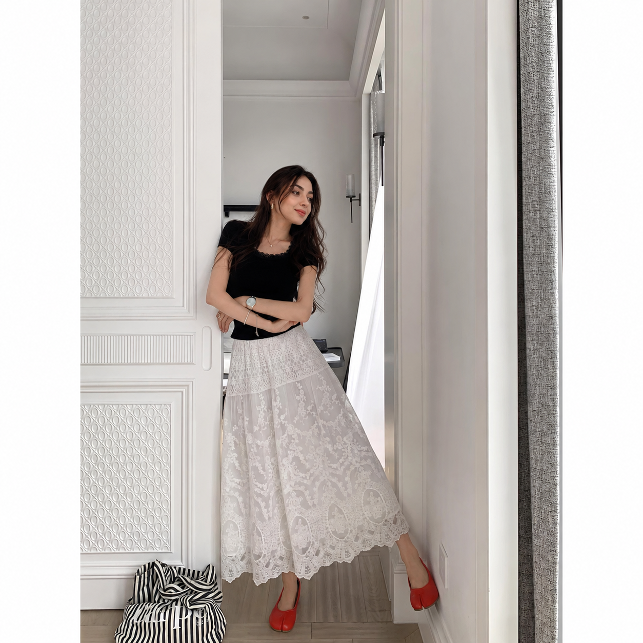 Long Lace White Skirt High Waist Large Hem Summer Skirt