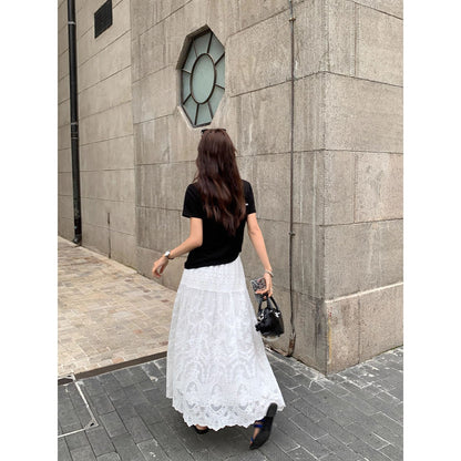 Long Lace White Skirt High Waist Large Hem Summer Skirt