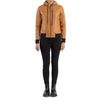 Tan Leather Hooded Jacket for Women Bomber Style
