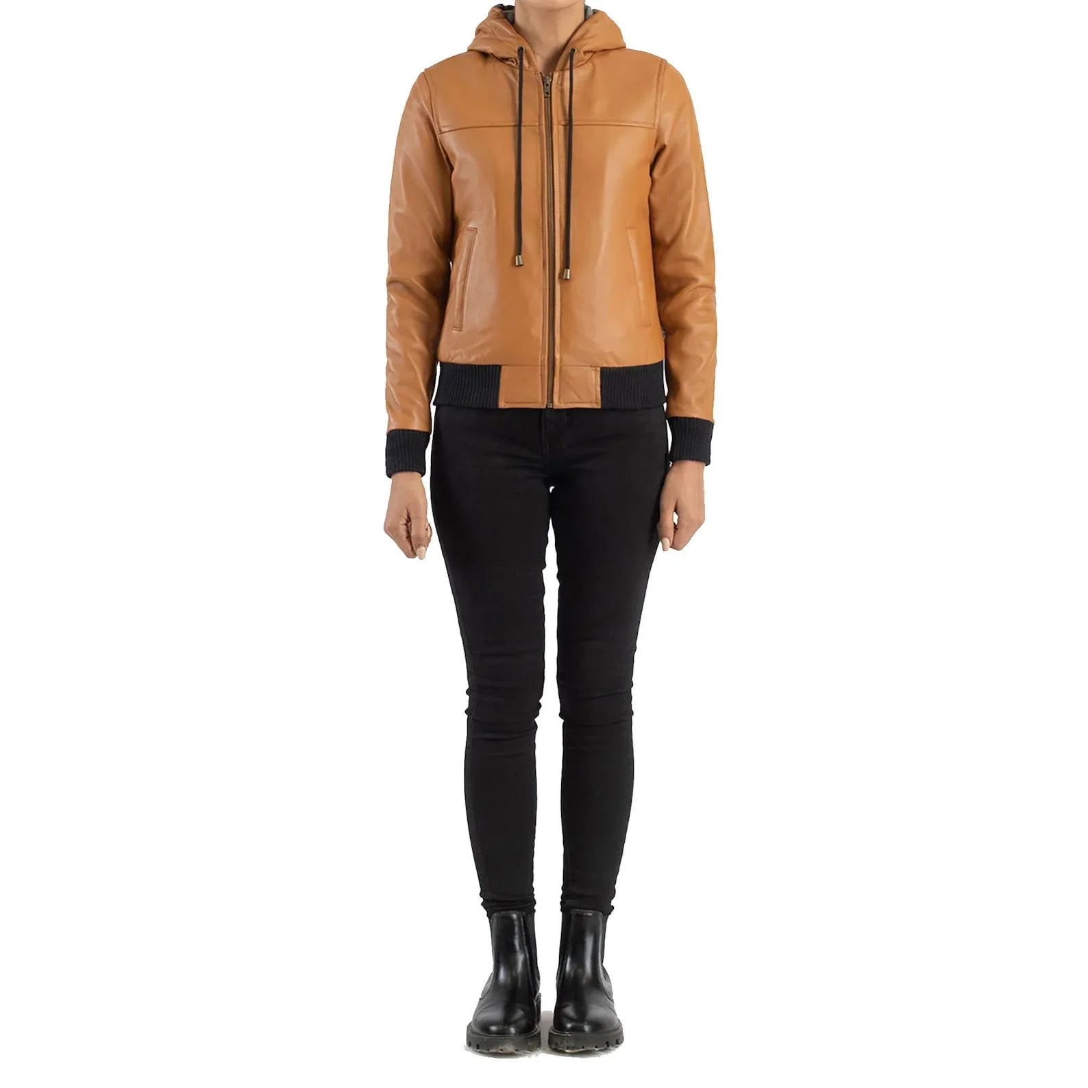 Tan Leather Hooded Jacket for Women Bomber Style