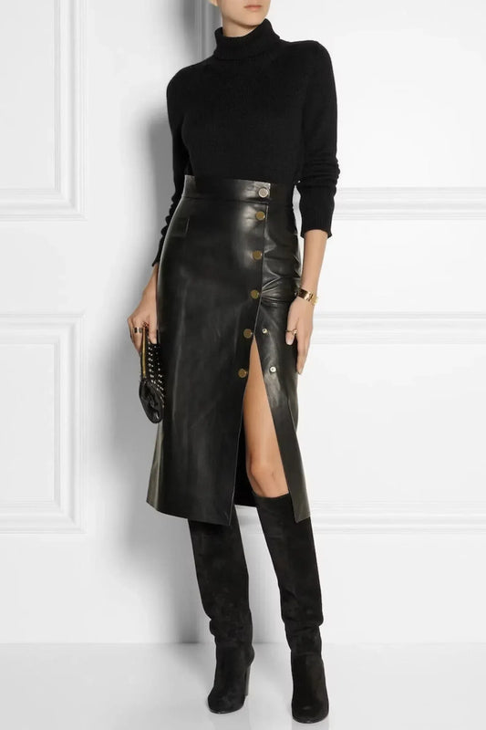 Long black leather skirt with front snap slit detail