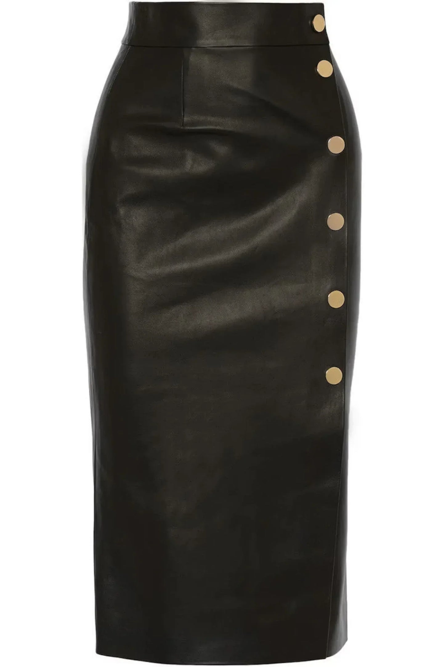 Long black leather skirt with front snap slit detail