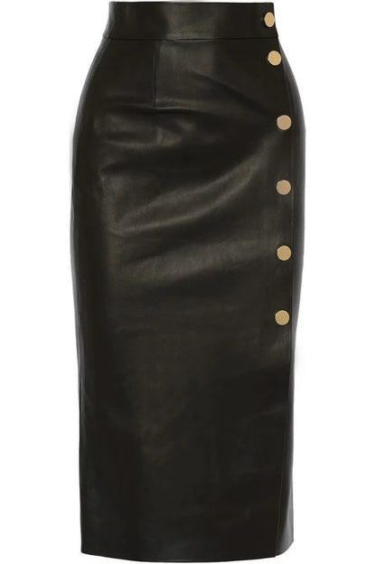 Long black leather skirt with front snap slit detail