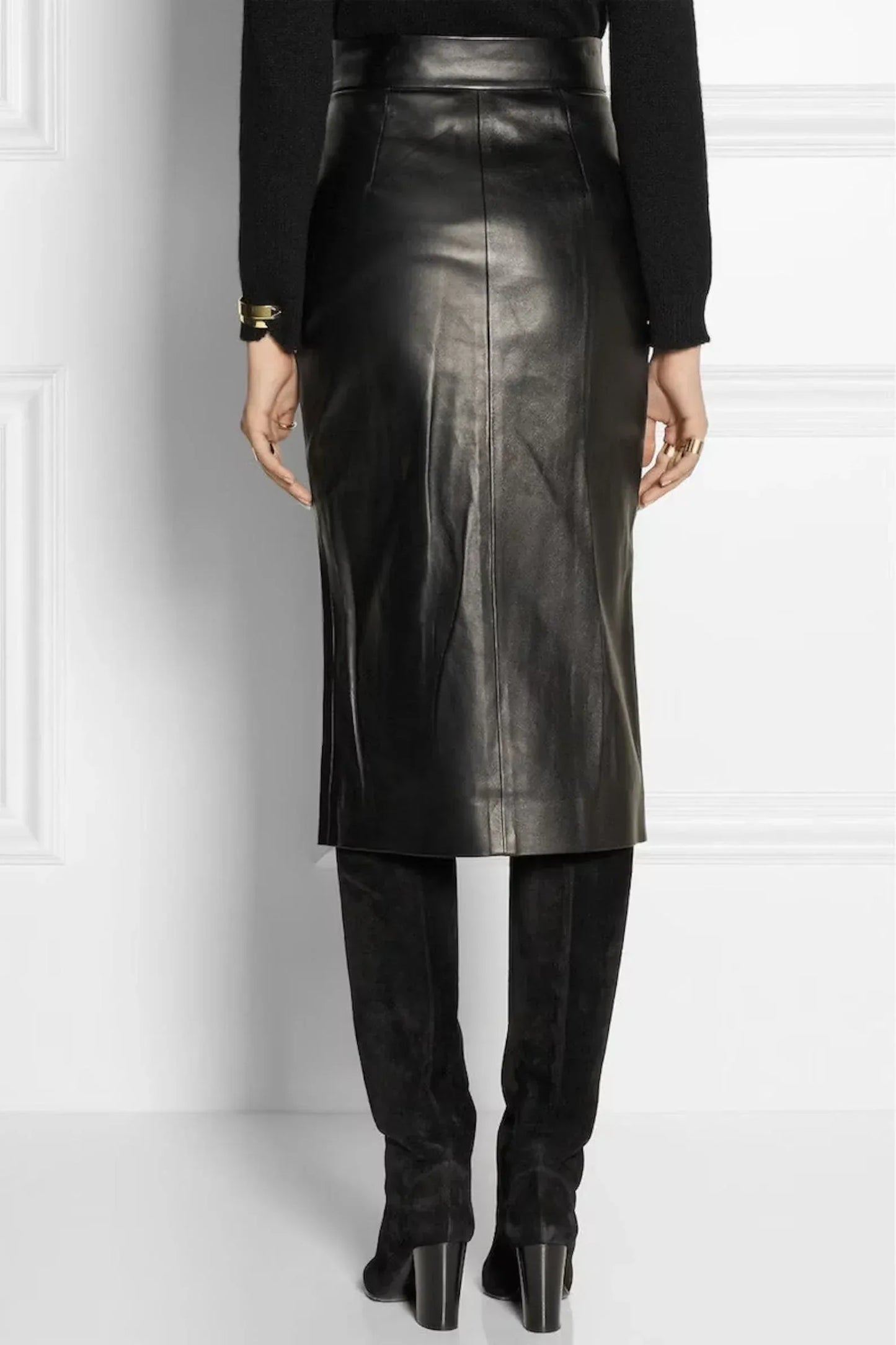 Long black leather skirt with front snap slit detail