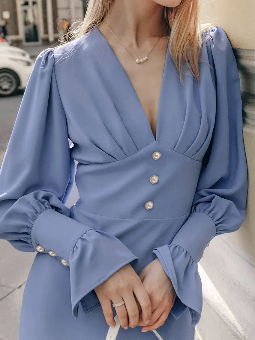 Baby Blue V Neck Long Sleeve Midi Dress