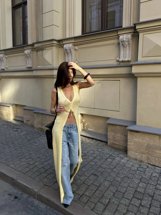 Long Sleeveless Knit Cardigan with Button Front Yellow S