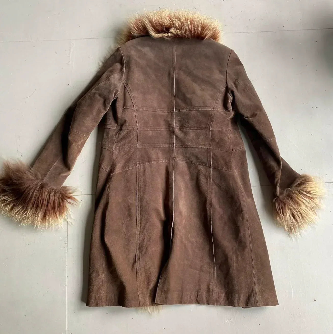 Suede Trench Coat Women Dark Brown Shearling Trim Coat
