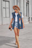 Aztec Pattern Blue Denim Vest Women’s Loose Fit With Collar