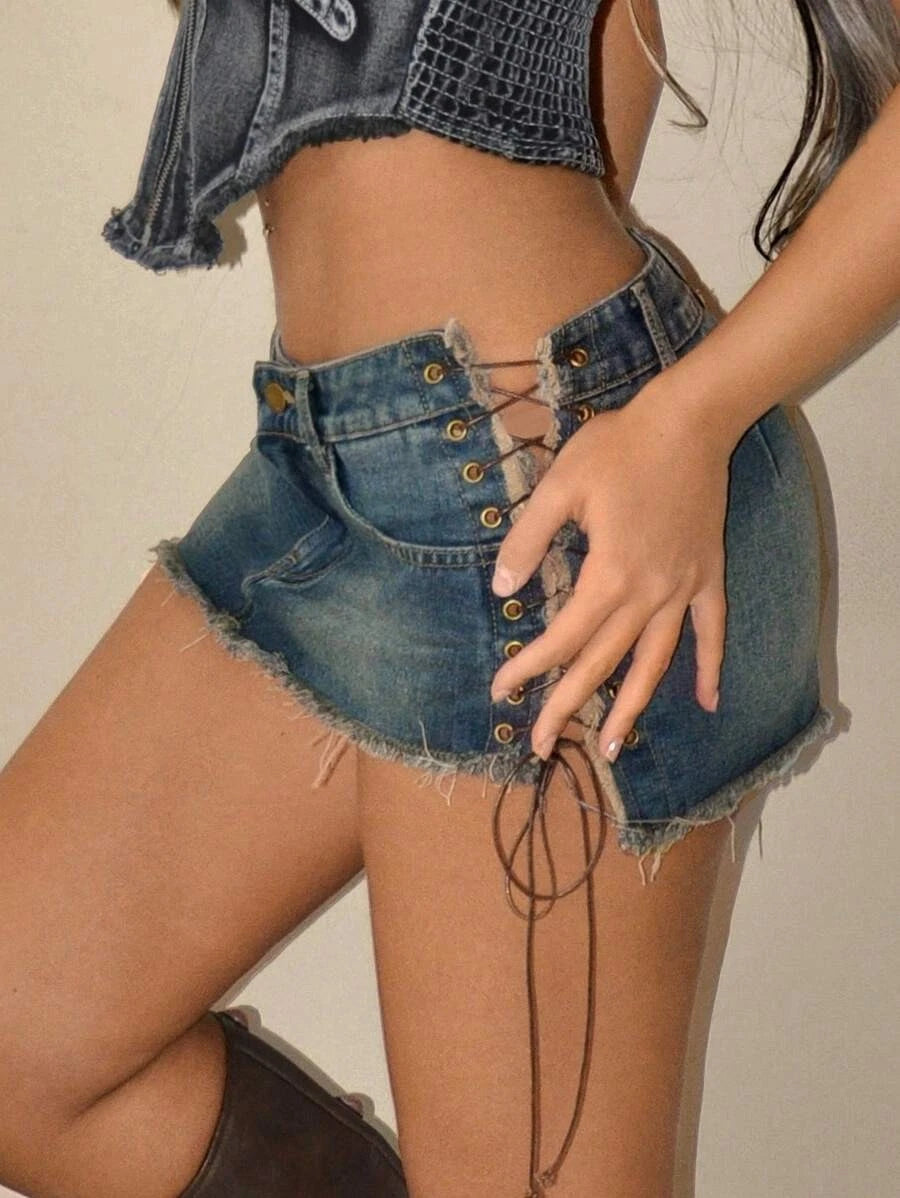 Mini denim skirt with side tie-up detail