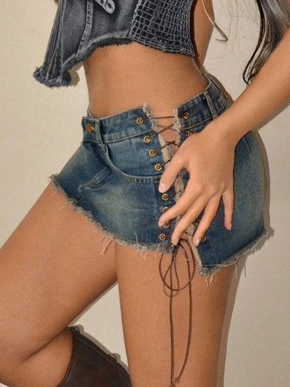 Mini denim skirt with side tie-up detail