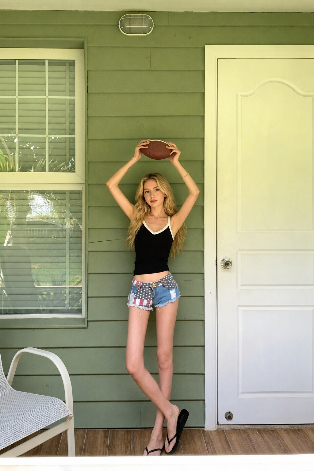 Low rise denim shorts with flag print and frayed hem