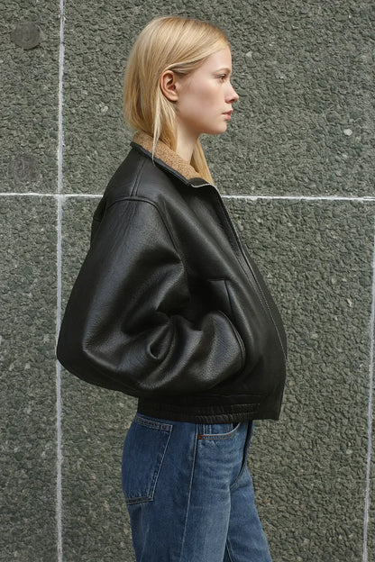 Women Oversized Moto Leather Zip Jacket Shearling