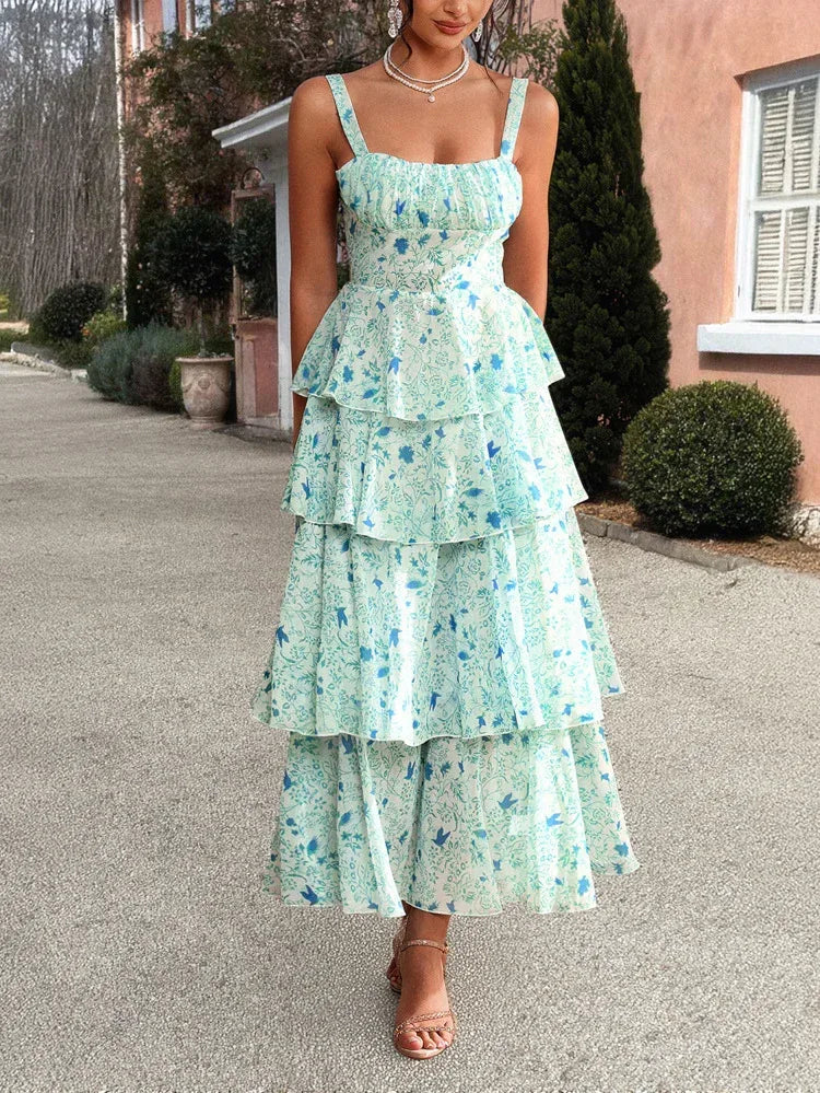 Boho Floral Maxi Dress in Green with Tiered Ruffles