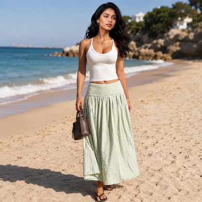 Maxi skirt for fall with light plaid fabric and easy seasonal layering