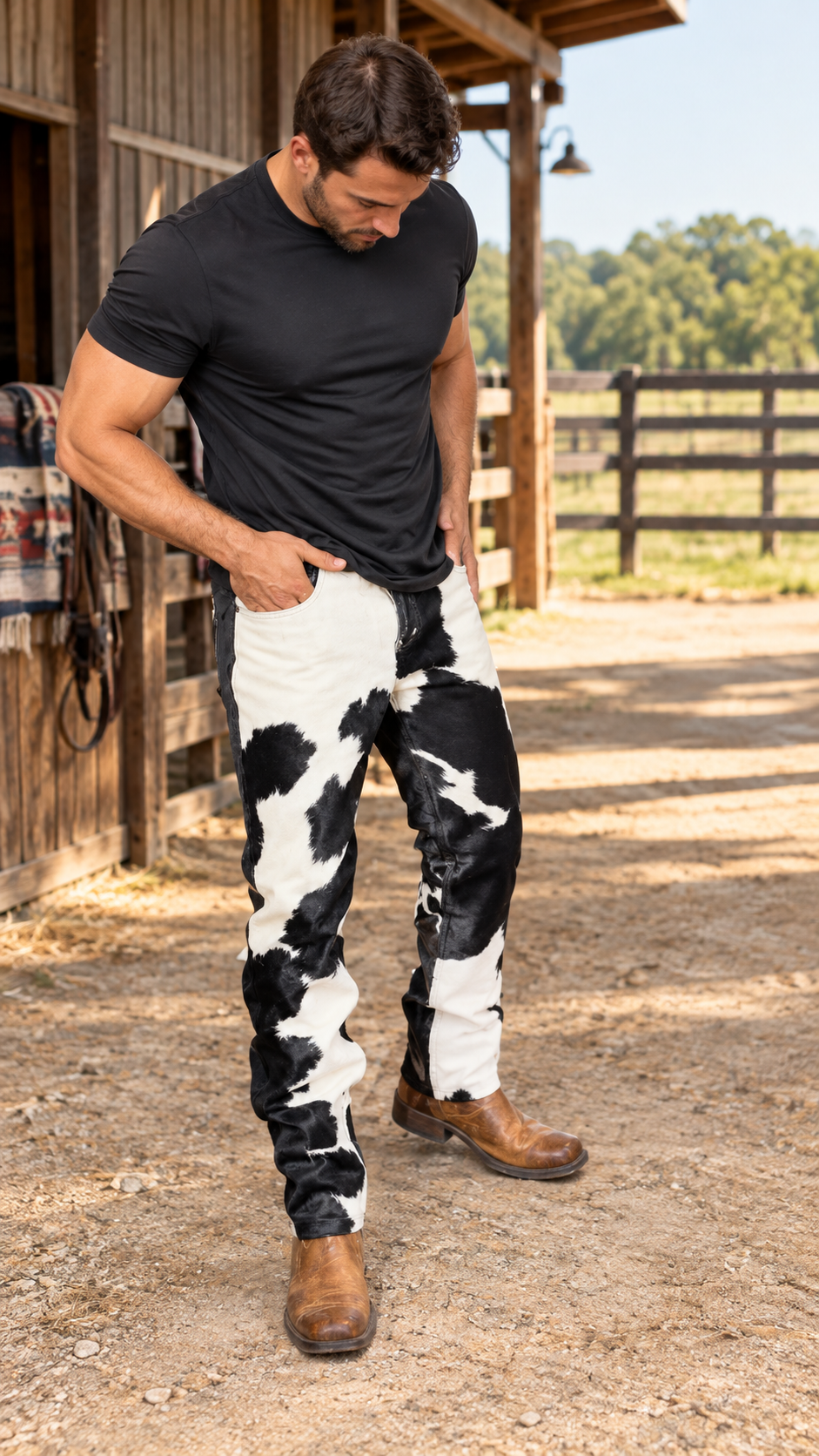 Cowhide Pants Men Black White Western Hair On Hide Trousers